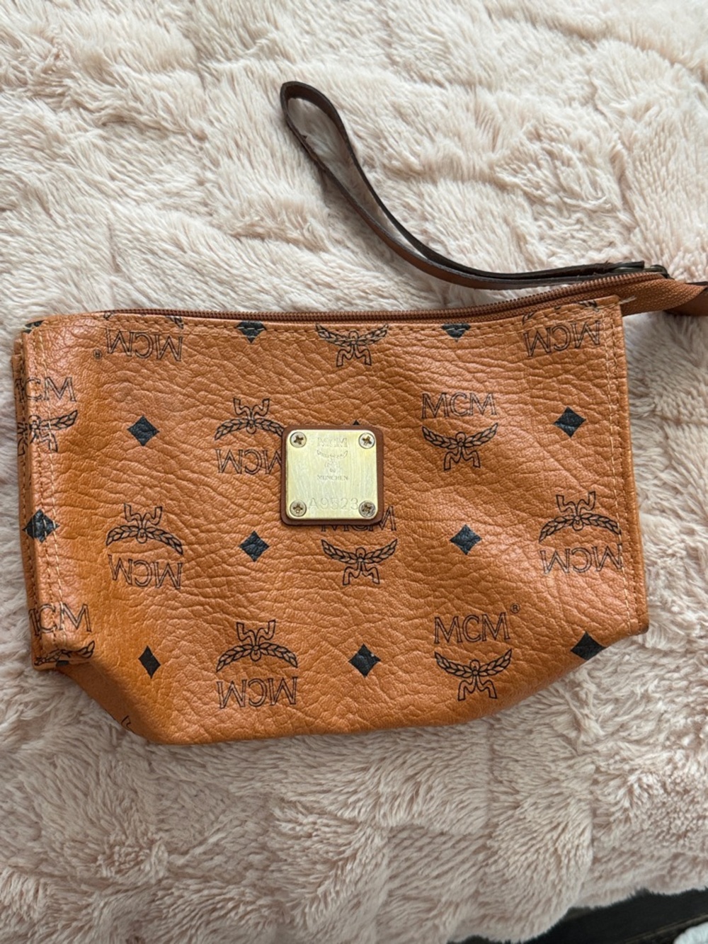 MCM Cognac Brown Visetos Logo Wristlet with Gold Plate